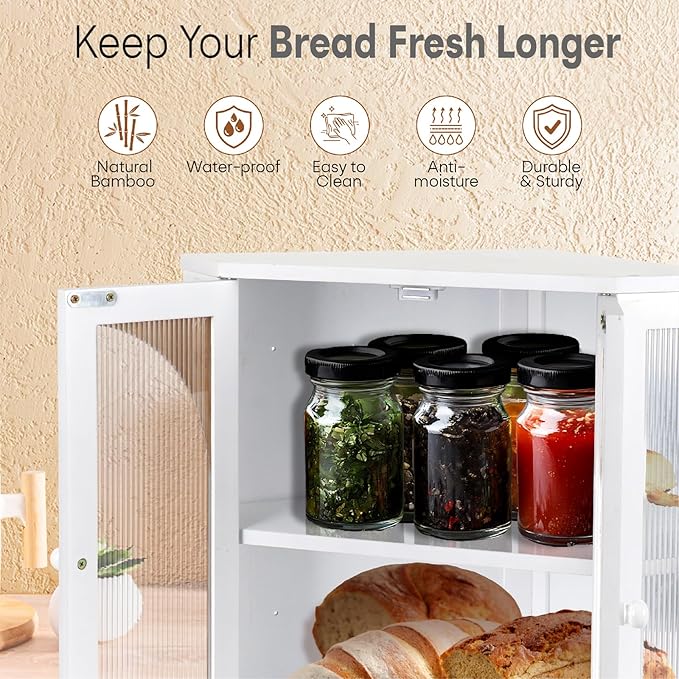 Corner Bread Box for Kitchen Countertop,Double Layer Bread Holder | 3 Adjustable Height, Large Capacity, Magnetic Acrylic Door, Bamboo Bread Storage Container for Homemade Bread, White - Image 6