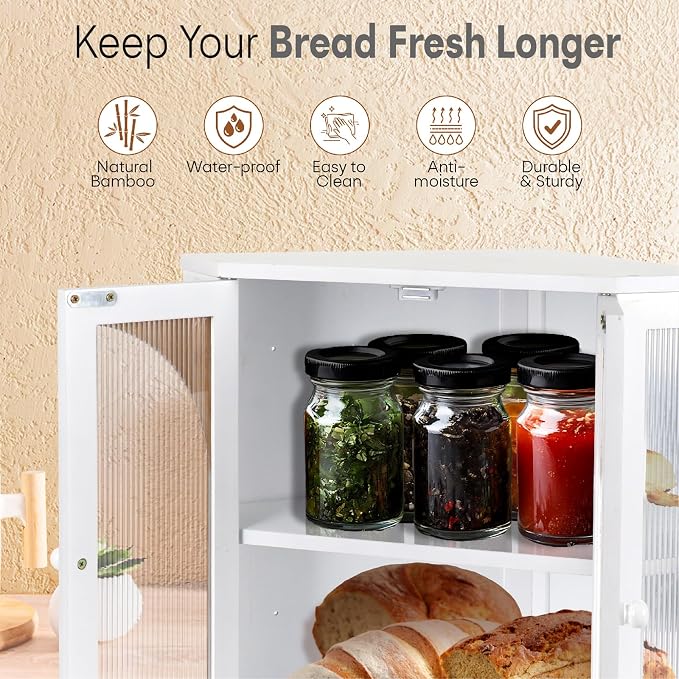Corner Bread Box for Kitchen Countertop,Double Layer Bread Holder | 3 Adjustable Height, Large Capacity, Magnetic Acrylic Door, Bamboo Bread Storage Container for Homemade Bread, White - Image 6