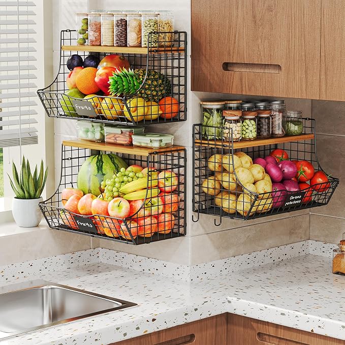 3 Pack Extra Large Fruit Basket for Kitchen with Wood Lid Nameplate - Counter&Wall Mounted Onion and Potato Storage Bin, Stackable Metal Hanging Wire Baskets,15.74 * 8.66 * 10.63 inch - Image 3