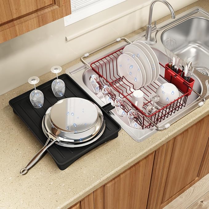 Red Dish Drying Rack Over Sink with Utensil Holder, Drainboard | Expandable Stainless Steel Dish Drainer for Small Kitchen, Apartment, RV, Counter Space Saving, Perfect Fit, Rustproof by MAJALiS