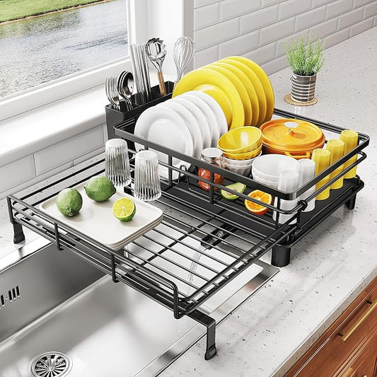 Expandable Dish Drying Rack for Kitchen Counter, Stainless Steel, Black | Foldable Over Sink, Large Capacity, Adjust to Fit Most Sinks, Angled Drainboard, Removable Utensil Holder, Slip Resistant by SNTD