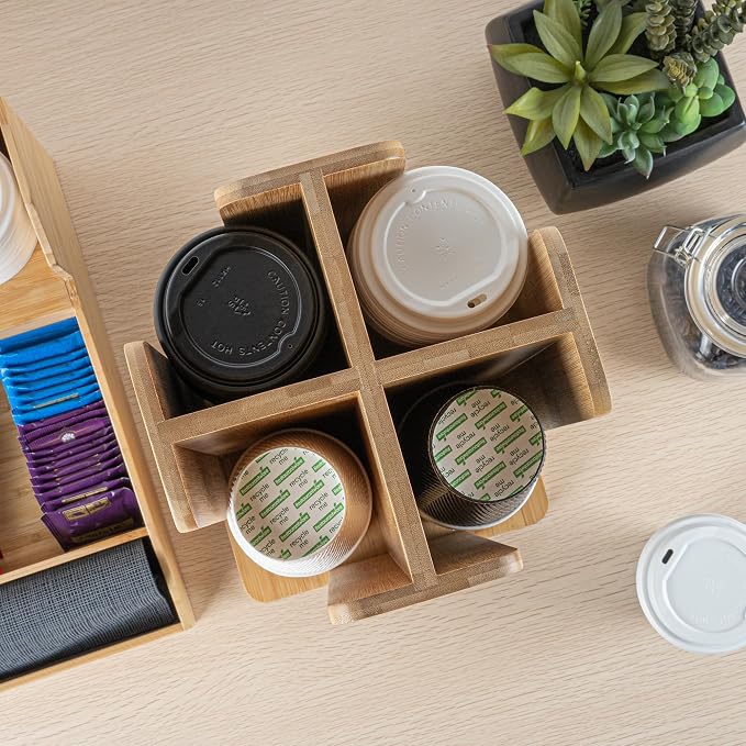 Restaurantware Restpresso 9 x 18 Inch Coffee Cup and Lid Organizer 1 Revolving Cup and Lid Holder - 4 Section Countertop Natural Bamboo Cup and Lid Dispenser For Restaurants Homes or Offices - Image 12