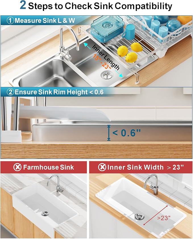 Large Expandable 2 Tier Dish Drying Rack - Over Sink & Counter Use | Extendable Drying Space, Auto-Drain Spout, Stable Screw-Fixed Frame, Cup & Utensil Holder, Rust-Resistant Kitchen Rack, White - Image 8
