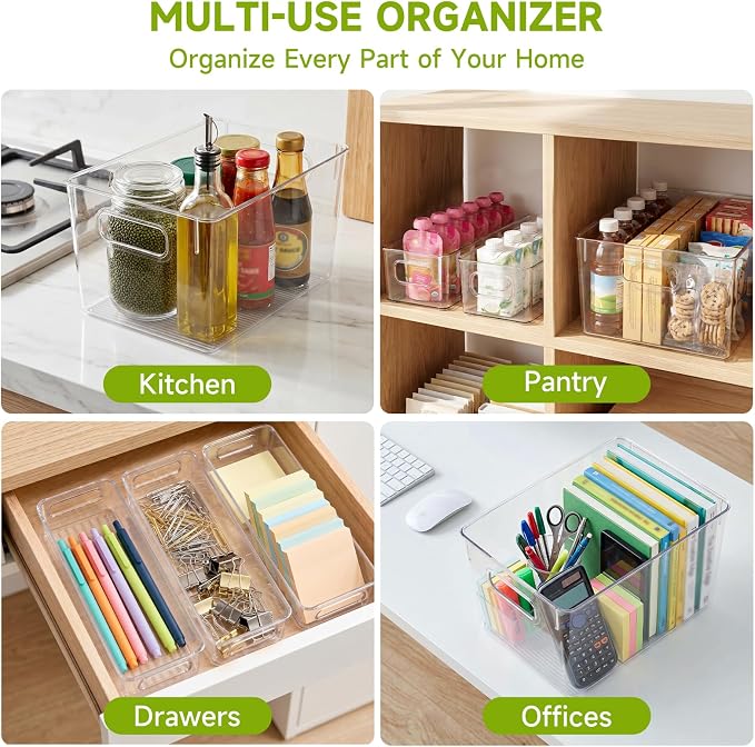 YKIOKE 8 Pack Clear Plastic Storage Bins with Handles, Stackable Organizer | BPA-Free, 4 Large & 4 Small Stackable Organizer Containers for Kitchen Cabinets, Countertops, Drinks, Fruits, Vegetables - Image 6