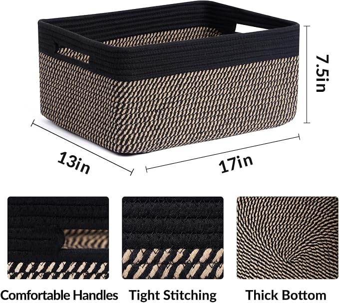MiniArk Large Storage Baskets for Shelves, 17 x 13 x 7.5” Closet Organizers Bins for Clothes Blanket Towels, Baby Nursery, Toy Baskets Box, Woven Rope Baskets, 2 Packs Woven Brown - Image 2