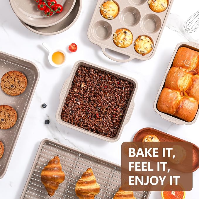 Vinino 8-Piece Baking Pans Set Nonstick, Bakeware Set includes Silicone Muffin, Loaf, Cake Pans with Metal Reinforced Frame, and Carbon Steel Roasting Pan, Cookie Sheet, Cooling rack for Oven - Image 3
