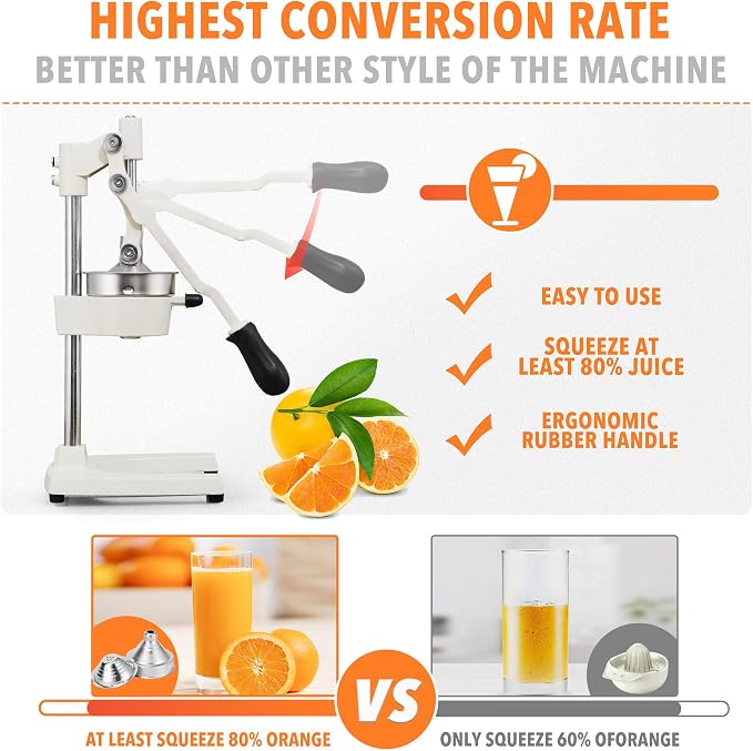 19 Inch Height Extra Tall Commercial Heavy Duty Cast Iron Hand Press Manual Orange Citrus Lemon Lime Grapefruit Pomegranate Fruit Juice Squeezer Machine with Stainless Steel Cup White - Image 3