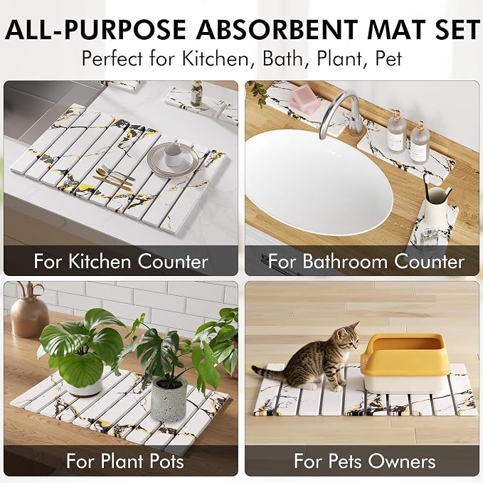 4 Pcs Stone Dish Drying Mat for Kitchen Counter, 24''x16'' Super Absorbent Diatomaceous Earth Stone Drying Mat Faucet Mat with 2 Coasters, Quick Dry Mat for Kitchen Counter Dishes Cups - Image 8