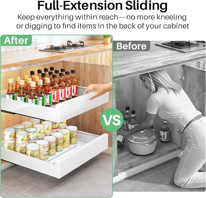 Pull Out Cabinet Organizer with Nano Adhesive, Heavy Duty Full-Extension Slide-Out Drawer for Kitchen Cabinet Organizers and Storage, No Drill Roll out Pantry Shelf, 22.4"W x 16.9"D x 3.1"H , White - Image 3