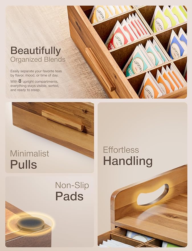 Tinamo Acacia Wooden Tea Box Organizer with Drawer – Tea Chest for Tea Bags Storage – Tea and Coffee Organizer - Wooden Tea Tray and Containers for Countertop Display (Acacia) | Solid Acacia Wood, No assembly, Holds up to 100 tea bags, Non-slip, Smooth... - Image 3