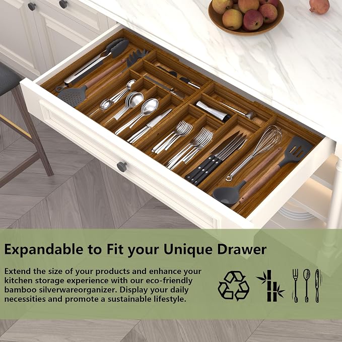 Suli Extra Large Silverware Drawer Organizer,Expandable 22in to 37in,Acacia - Image 3