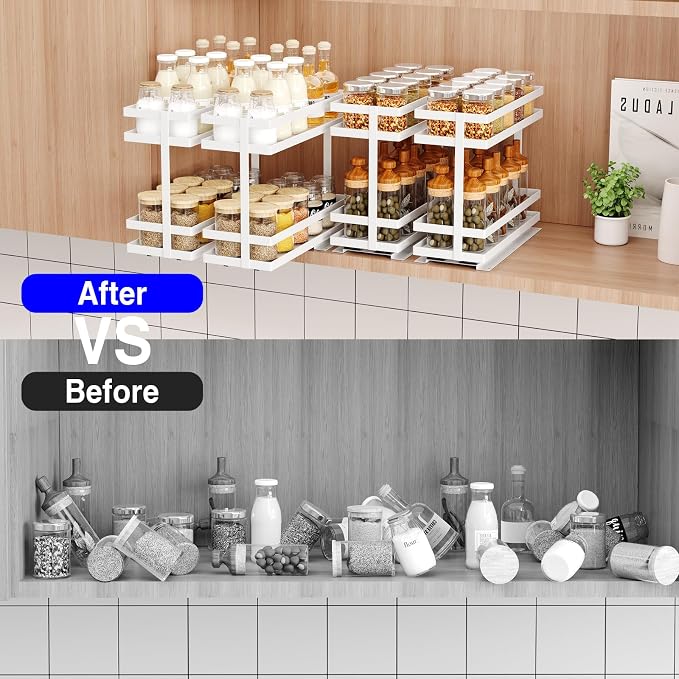 Mustorn Pull Out Spice Rack Organizer for Cabinet, 2 Tier Metal Slide Out Seasoning Organizer and Storage Heavy Duty Vertical Spice Rack Shelf Pullout for Kitchen Cabinets No Drilling(1 Pack, White) - Image 8