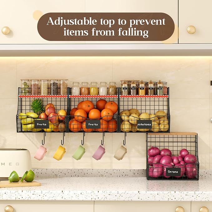 4 Pack Fruit Basket for Kitchen with Lid, Counter&Wall Mounted Hanging Fruit Basket, Potato and Onion Storage, Metal Wire Fruit and Vegetable Storage, Snack Organizer 11.81 * 8.66 * 10.63in - Image 5