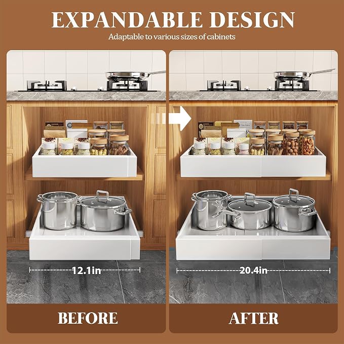 Seinloes 6 Pack Expandable Pull Out Cabinet Organizer 21"Deep With Raising Pad for Framed Cabinets,Upgrade 3 Slide Rails Slide Out Drawers,No Drill Roll Out Shelves,Adjustable Width 12.1"-20.4" White - Image 4