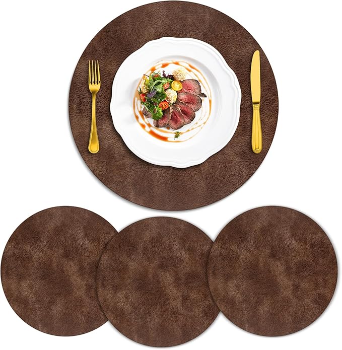 ADRIMER Placemats, Heat Resistant Round Placemats Set of 4 Washable, Waterproof Table Mats, Wipeable Faux Leather Place Mats for Kitchen, Dining Room, Brown by Adrimersdreamistobeanindispensablecompanioninyourlife