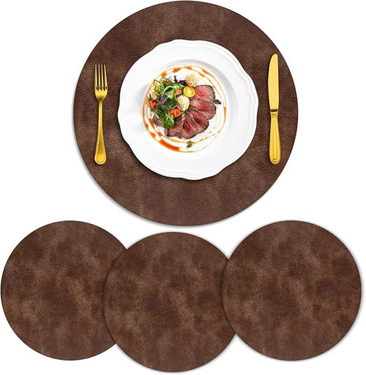 ADRIMER Placemats, Heat Resistant Round Placemats Set of 4 Washable, Waterproof Table Mats, Wipeable Faux Leather Place Mats for Kitchen, Dining Room, Brown by Adrimersdreamistobeanindispensablecompanioninyourlife