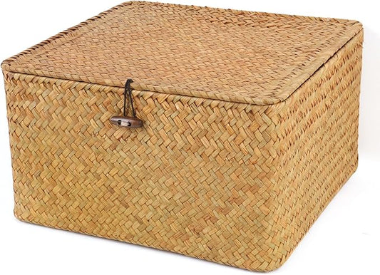 Moosky Wicker Shelf Baskets with Lid, Handwoven Seagrass Storage Basket Bins Square Gift Boxes for Shelves Home Decor Organizer (Natural, Large) by Moosky