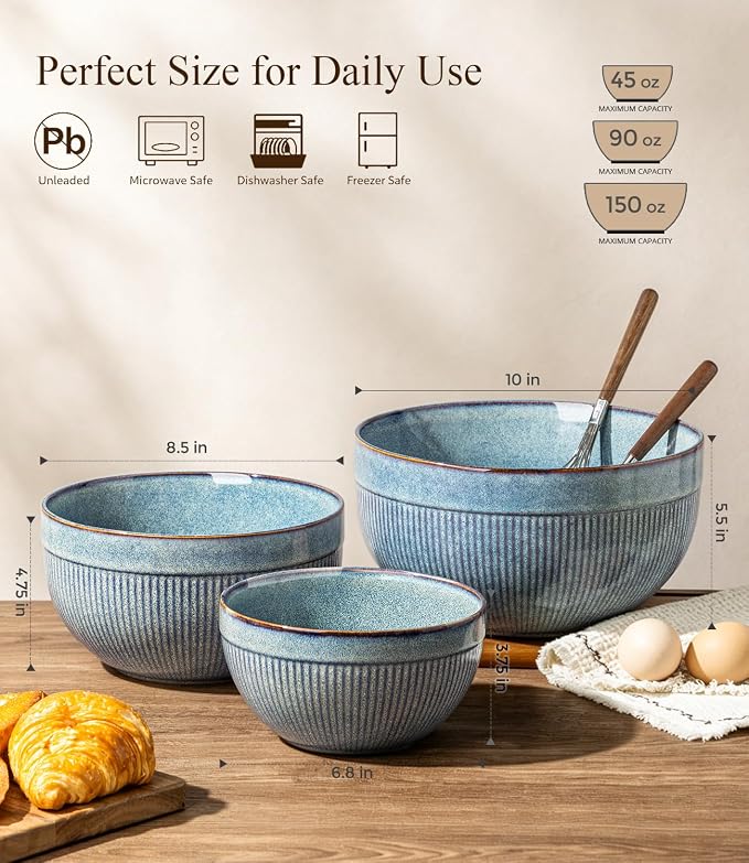 GBhome Ceramic Mixing Bowls Set of 3, Stoneware Nesting Serving Bowls, | 45/90/150 oz For Prep, Baking, Serving, Gift, Microwave and Dishwasher Safe, Ribbed Dishware Collection,Ceylon Blue - Image 3