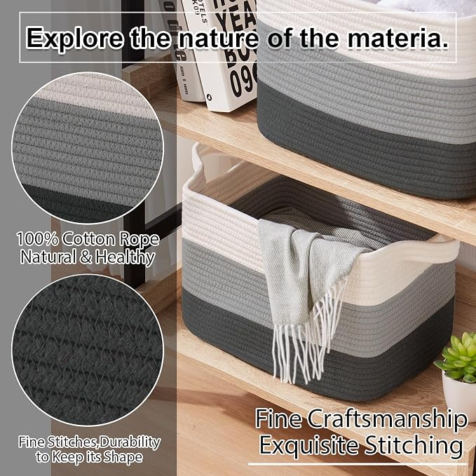 OIAHOMY Storage Basket, Woven Baskets for Storage, Cotton Rope Basket for toys,Towel Baskets for Bathroom - Pack of 3, Gradient Dark Gray - Image 7