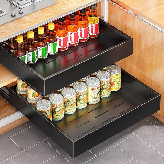 Pull out Cabinet Organizer, 21"Deep, 20"Wide Full-Extension Heavy Duty Slide out Drawers with Nano Adhesive, Roll Out Shelves Sliding Cabinet for Kitchen, Bathroom, Pantry, Under Sink Storage(Black) by Kitstorack