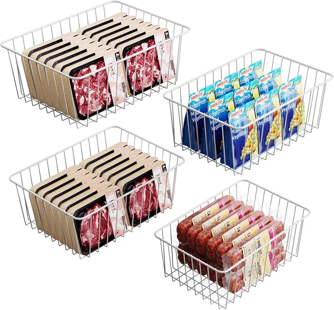 Freezer Organizer Bins - For 16/17/21 Cu Ft Upright Freezer, 4 Pack | Wire Baskets 2 Large & 2 Medium Sizes, Slide-Out for Easy Access, Prevent Food Falling Out, Keep Stand-Up Freezer Tidy, White by iSPECLE