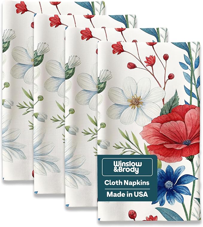 Fourth of July Cloth Napkins | Red White and Blue | Spring Floral Napkins | Patriotic Table Decorations | Absorbent, Washable, Reusable, Stain & Wrinkle Resistant | Made in America - 4pack by WinslowBrody