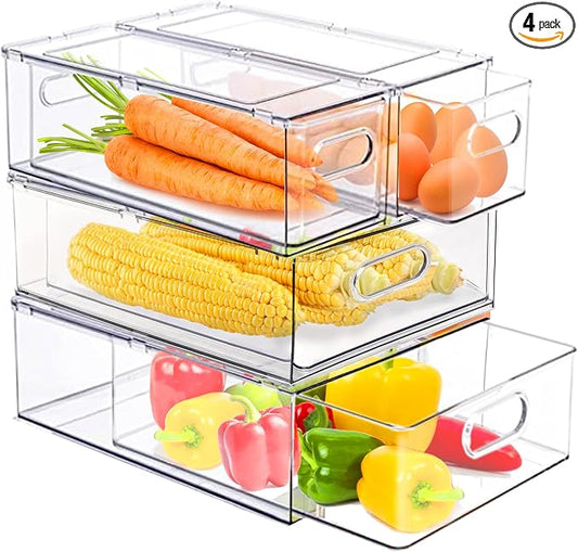 bealy 4 Pack Clear Storage Drawer Set, Stackable Fridge Drawer Organizer Fruit Vegetable Storage Containers for Kitchen Pantry Organization,BPA-Free by bealy