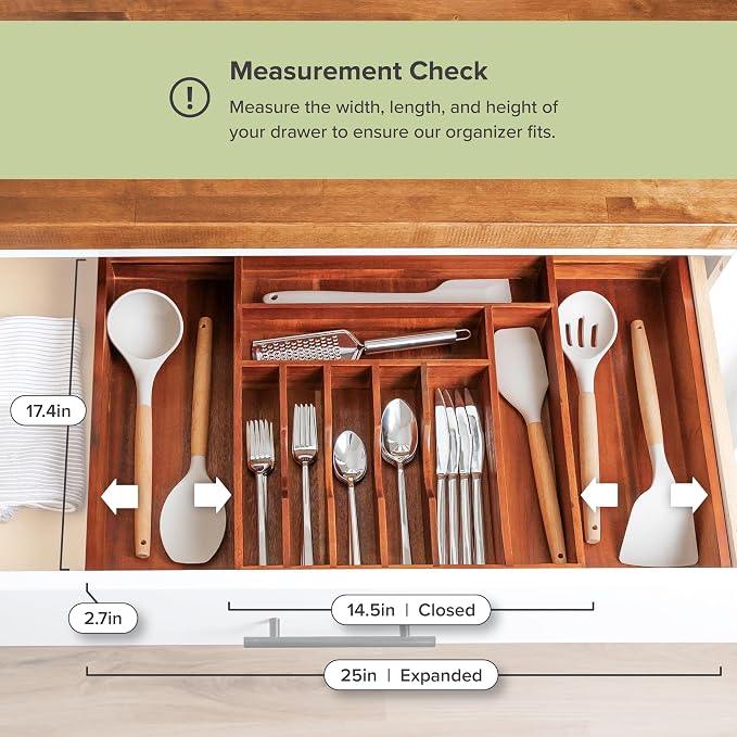 Silverware & Utensil Drawer Organizer, 14.5-25 in, Acacia | Cutlery, flatware, food-safe contract grade, kitchen drawer fit - Image 4