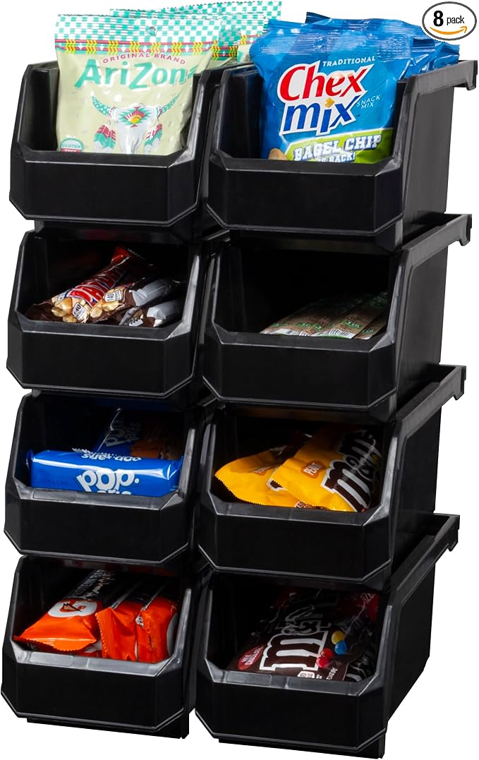 Medium Stackable Plastic Storage Bins, 8-Pack, Black | Open-Front Stackable Bins For Garage, Pantry, Closet & Office, 11"L X 5,5"W X 5"H, Nests When Empty, Durable Plastic, by Akro-Mils