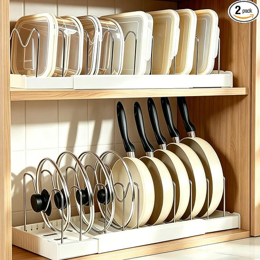 2 Pack Expandable Pots and Pans Organizer under Cabinet, Adjustable Pot Lid Organizer Rack with 9 Stainless Steel Dividers, Food Container Lid Holder for Kitchen Countertop Storage (White) by Unknown