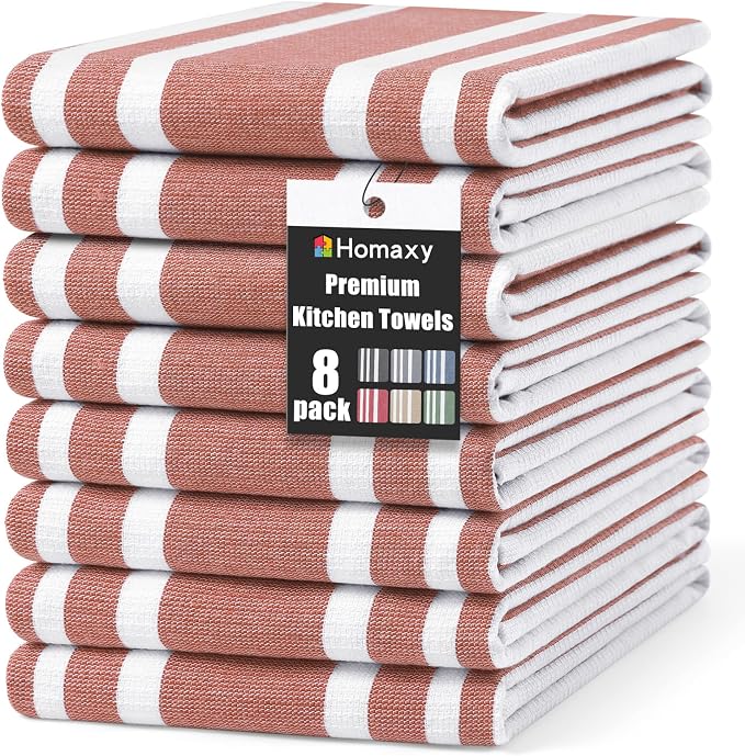 Homaxy Premium Cotton Stripe Kitchen Towels 8 Pack, 18"x 28", Rust | Large 380 GSM Kitchen Hand Towels, Soft Terry Dish Towels, Highly Absorbent Tea Towel Set with Hanging Loop by Homaxy