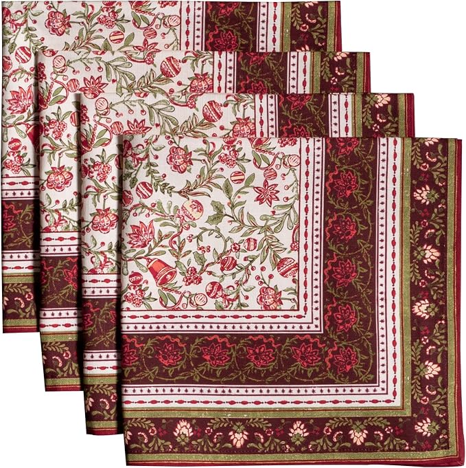 Maison d' Hermine Cloth Napkins Set of 4 Reusable 100% Cotton (20" x 20") | Everyday Square Napkins Cloth Washable Dinner Wedding Restaurant Hotel Kitchen Thanksgiving Christmas - Reveillon Au Jardin by MaisondHermine