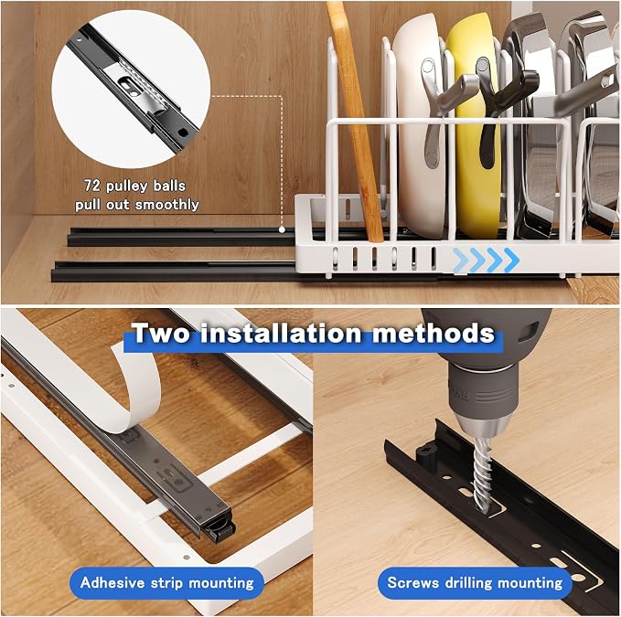 Mustorn 2 Pack Pots and Pans Organizer Under Cabinet, 21.6" Deep Pull Out Pot Lid Organizer Holder with Guardrail Adhesive Pot and Pan Holder Rack with 10 Adjustable Dividers(White) - Image 3
