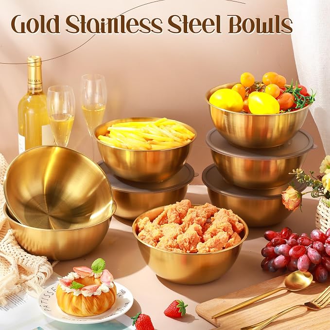 Nuogo 12 Pack 8.27 Inches Gold Stainless Steel Mixing Bowls with Airtight Lids Stackable Metal Serving Esthetician Facial Bowls for Salad, Fruit, Soup & Kitchen Prep - Image 7