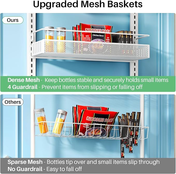 SNTD 8 Tiers Over the Door Organizer, 17" W x 6" D x 69" H, White | Pantry Door Organizers and Storage, Height Adjustable Spice Rack, Dense Mesh Baskets, Anti-Swing, Adjustable Door Fastener - Image 4