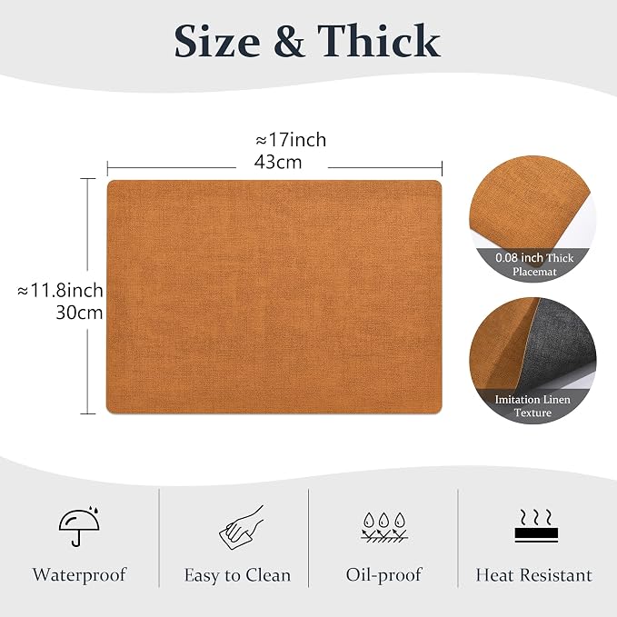 FROMHEART Faux Leather PU Placemats Set of 8 (Orange Grey,11.8" x 17") | Waterproof,Heat/Oil Stain-Resistant Table Mat–Reversible,Non-Slip,Easy to Clean Place Mats for Kitchen,Dining,Indoor/Outdoor - Image 2