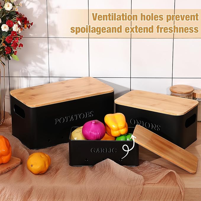 Honeydak 3 PCS Black Potato Onion Garlic Storage Bins Set, Metal Vegetable Keeper Containers with Lids Aerating Holes for Kitchen Counter Pantry Keep Fresh Longer Farmhouse for Sweet-potato Fruit - Image 4