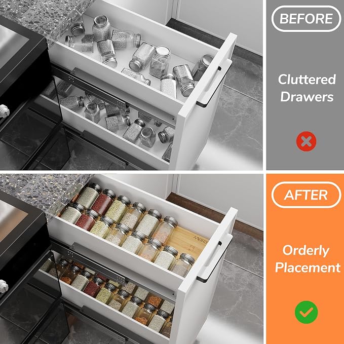 AMBIRD Bamboo Spice Drawer Organizer with Non-slip Mat,4 Tier Jar Spice Rack Tray 9.5'',Seasoning Organizer for Kitchen,Cabinet,Drawers,Countertop - Image 3
