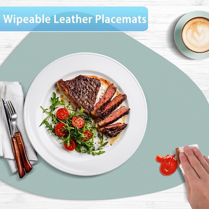 Faux Leather Placemats Set of 12, Wipeable & Washable Table Mats | Waterproof, Heat-Resistant & Easy to Clean Round Place Mats for Dining & Kitchen, 17''x13'', Aqua Green - Image 3