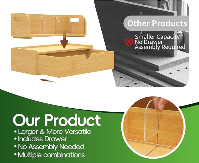 Bamboo Tea Organizer – Stackable Collection (1Tier w/Drawer） - Image 3