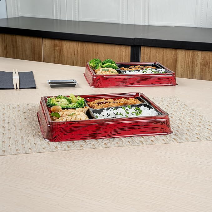 Restaurantware-Bento Tek 18.6 Ounce Meal Prep Containers, 50 Disposable To Go Food Boxes - Lids Sold Separately, 4 Compartments, Red And Black Plastic Bento Lunch Boxes, Freezable, For Take Out - Image 6