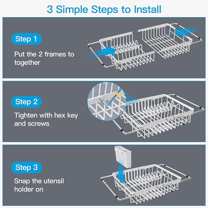 JASIWAY White Dish Drying Rack Over the Sink with Utensil Holder | Expandable Stainless Steel Dish Driainers for Small Kitchen, Counter Space Saving, Fast Drain, Rust Resistant, For Apartment - Image 8
