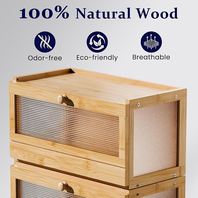Stackable Bread Box for Kitchen Countertop, 2 Tier Bamboo Bread Storage Container Holder Bin for Baked Goods Snacks Farmhouse Breadbox with Acrylic Window for Pantry Cabinet Cupboard, Natural - Image 3