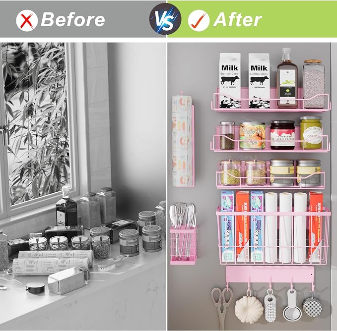 Magnetic Spice Rack for Refrigerator, 7 Pack Magnetic Fridge Shelf for Kitchen Organization Storage, Moveable Spice Organizer W/Paper Towel Holder, Utensil Caddy, Cutting Board Rack (Pink) - Image 5