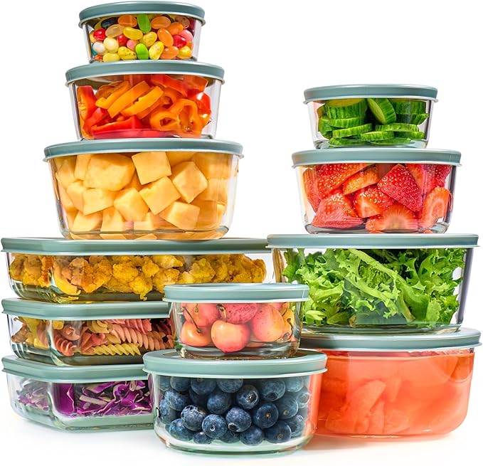24pc Set Glass Food Storage Containers & Bowls with Airtight Lids - Leakproof BPA-Free Meal Prep Airtight Stackable Lunch Boxes, Kitchen Pantry & Storage Organizers - Microwave Freezer Dishwasher Safe by LERAZE