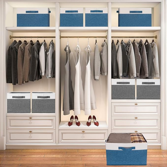 GhvyenntteS Storage Baskets for Shelves 3 Pack, Large Fabric Storage Bins with 3 Handles, Collapsible Closet Organizers and Storage, Sturdy Closet Organizer Bins/Laundry Room Organization, Blue - Image 2