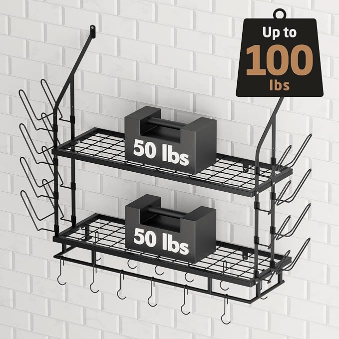 KES 30-Inch Pot Rack Wall Mounted, 8 Secure Lid Holders & 12 Sturdy Hooks | 2-Tier Kitchen Hanging Pot and Pan Organizer, Ample Storage for Tall Cookware, KUR215S75C-BK - Image 3