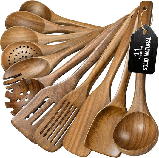 Wooden Spoons for Cooking, 11-Piece Acacia Wood Kitchen Utensil Set, Nonstick Safe Wooden Spatulas and Spoons, Heat Resistant Cooking Utensils for Everyday Meals (A11) by WOTTISH