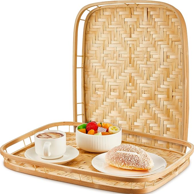 FillTouch 1 Pcs Bamboo Wicker Serving Tray, Hand Woven Rectangular Lap Trays for Eating, 16.9 x 13 Inch Flat Bed Tray for Breakfast, Dinner, Snacks & Fruit by FillTouch