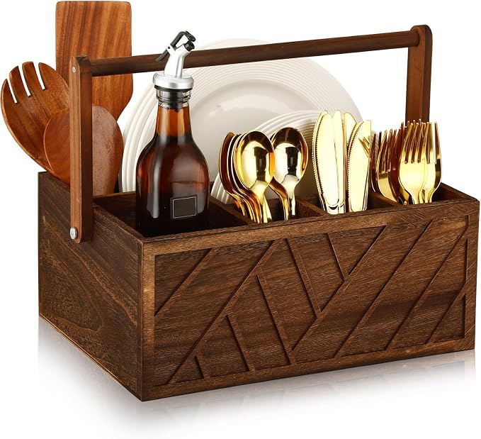 LemonRoad 13 Inch Rustic Silverware Caddy with Handle Wooden Flatware Utensil Holder Paper Plate and Silverware Caddy Organizer Cutlery Holder for Kitchen Countertop Picnic Cups Forks Napkins(Brown) by Unknown